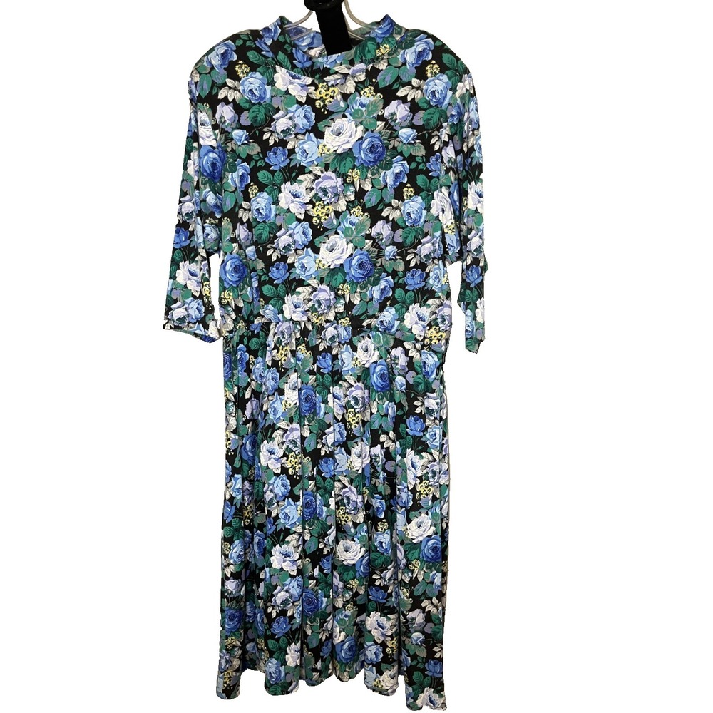 Vintage Floral Maxi Dress Blue 22 Cottage Romantic Geek Secretary Mod Retro 1980